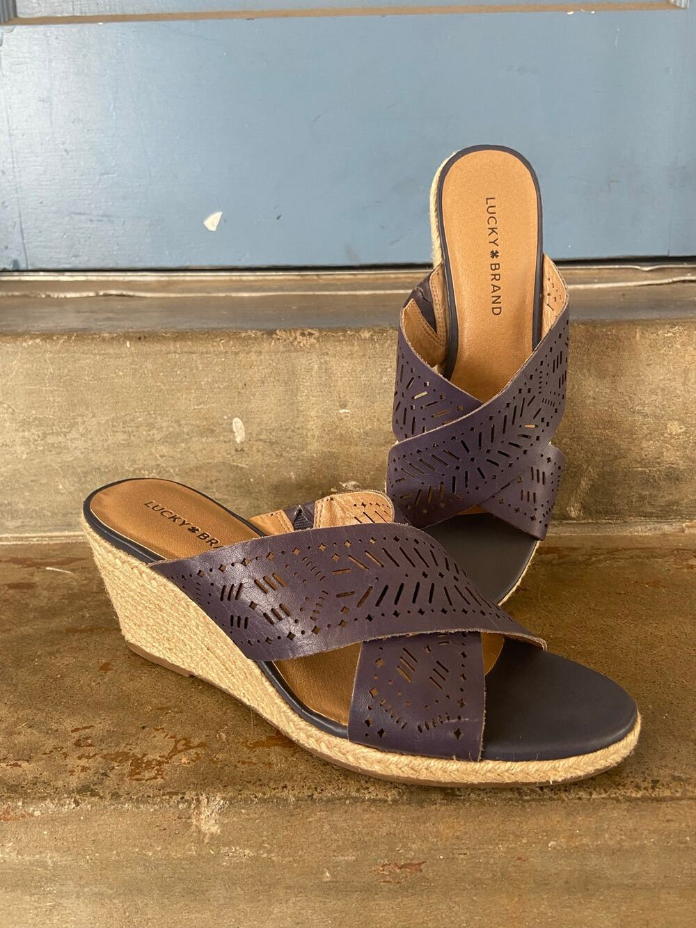 Lucky Brand navy perforated leather criss cross strap espadrille wedge sandal